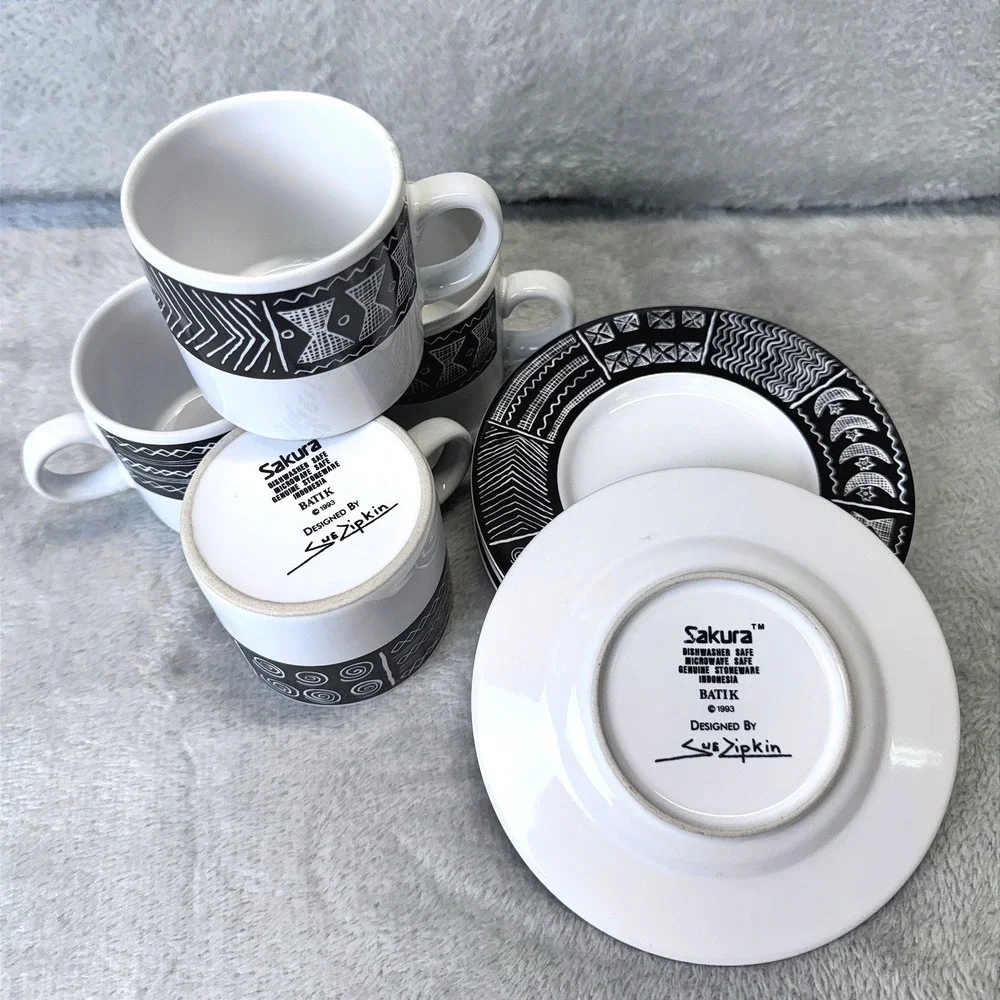 Sakura Batik Cup & Saucer Dessert Set Black White Stoneware Sue Zipkin 1993‎